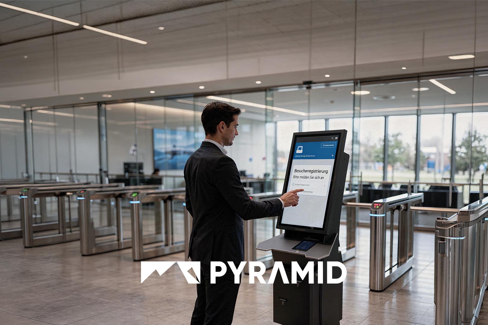 Self-Service-Kiosk POLYTOUCH® CURVE 32 für digitale Besucherregistrierung, Ausweisdruck und Zutrittskontrolle auf der SicherheitsExpo 2026