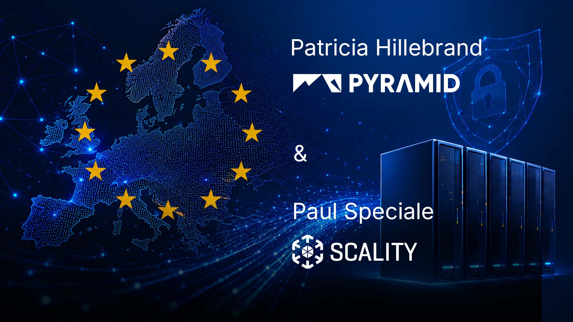 Abstrakte Darstellung Europas mit Datenströmen, Server-Infrastruktur und Sicherheitssymbol zur digitalen Souveränität